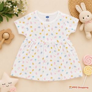 Baby Girls Candy Print Cotton Dress – White & Multicolor