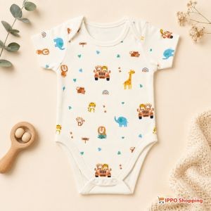 Baby Half Sleeve Animal Print Bodysuit - Soft Cotton Infant Onesie (White)