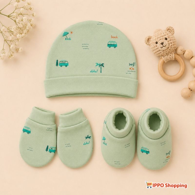 Baby Cap Mittens Booties Set - Soft Cotton Newborn Accessories Set (Mint Green)
