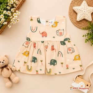 Baby Girls Printed Sleeveless Frock Dress – Elephant & Rainbow Pattern