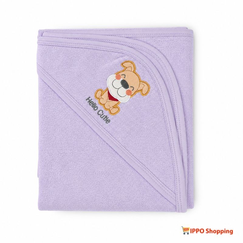 Lavender Baby Hooded Bath Towel with Cute Puppy Embroidery