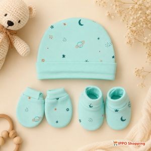 Baby Cap Mittens Booties Set - Soft Cotton Newborn Accessories Set (Aqua Blue)