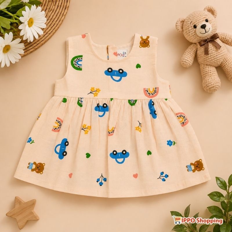 Baby Girls Printed Sleeveless Frock Dress – Cute Bear & Rainbow Pattern