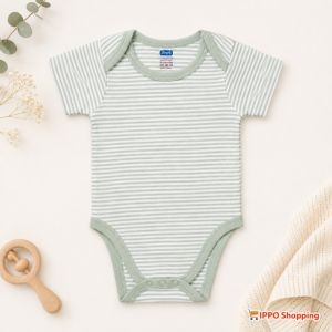 Baby Half Sleeve Striped Bodysuit - Soft Cotton Infant Romper (Green & White)