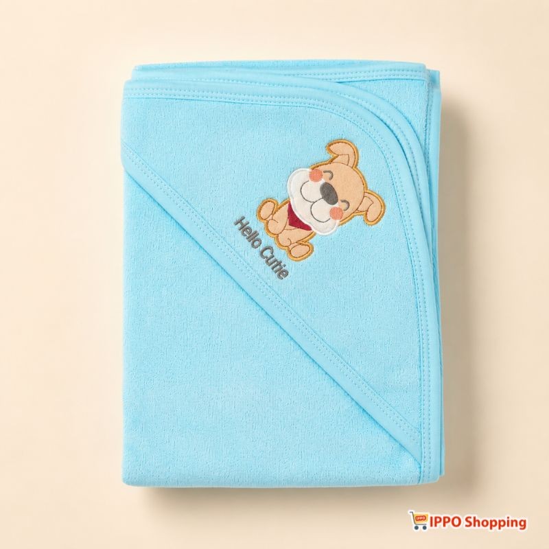 Aqua Blue Baby Hooded Bath Towel with Cute Puppy Embroidery