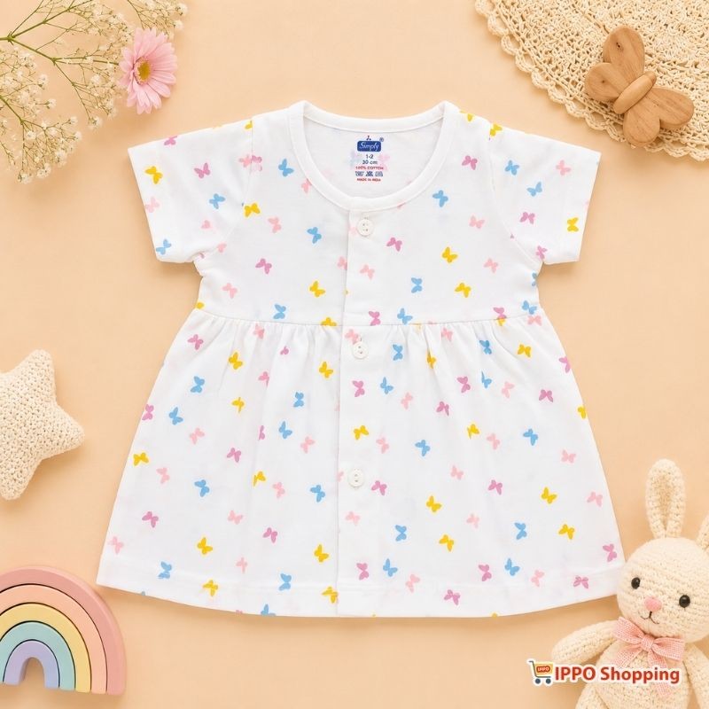 Baby Girls Butterfly Print Cotton Dress – White & Multicolor