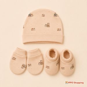 Baby Cap Mittens Booties Set - Soft Cotton Newborn Accessories Set (Peach)