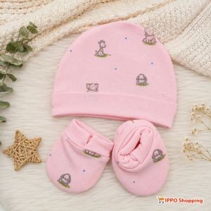 Baby Cap Mittens Booties Set - Soft Cotton Newborn Accessories Set (Pink)