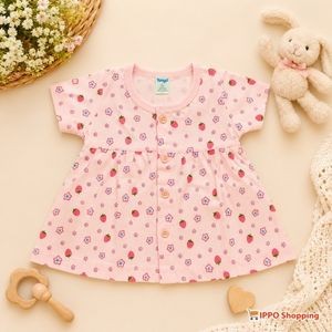 Baby Girls Printed Cotton Frock Dress – Strawberry & Floral Pattern