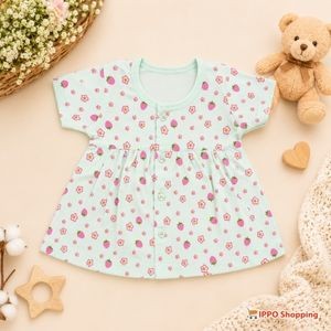 Baby Girls Printed Cotton Frock Dress – Strawberry & Floral Pattern