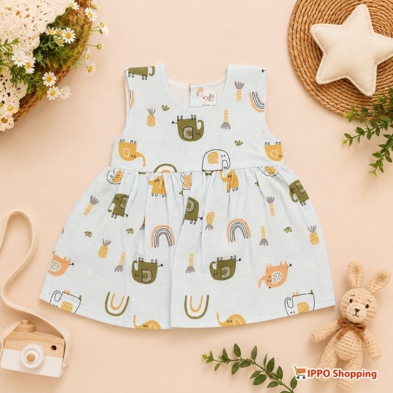 Baby Girls Printed Sleeveless Frock Dress – Elephant & Rainbow Pattern