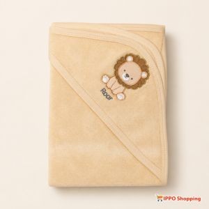 Beige Baby Hooded Bath Towel with Cute Lion Embroidery