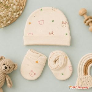 Baby Cap Mittens Booties Set - Soft Cotton Newborn Accessories Set (Cream)