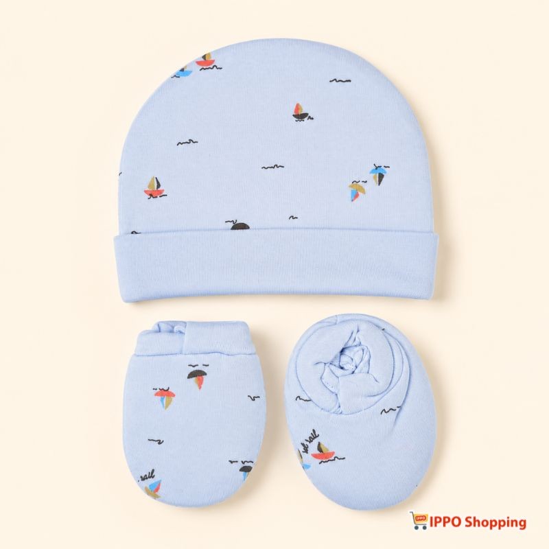 Baby Cap Mittens Booties Set - Soft Cotton Newborn Accessories Set (Blue)