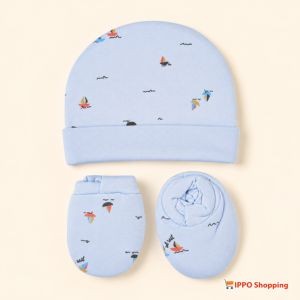 Baby Cap Mittens Booties Set - Soft Cotton Newborn Accessories Set (Blue)