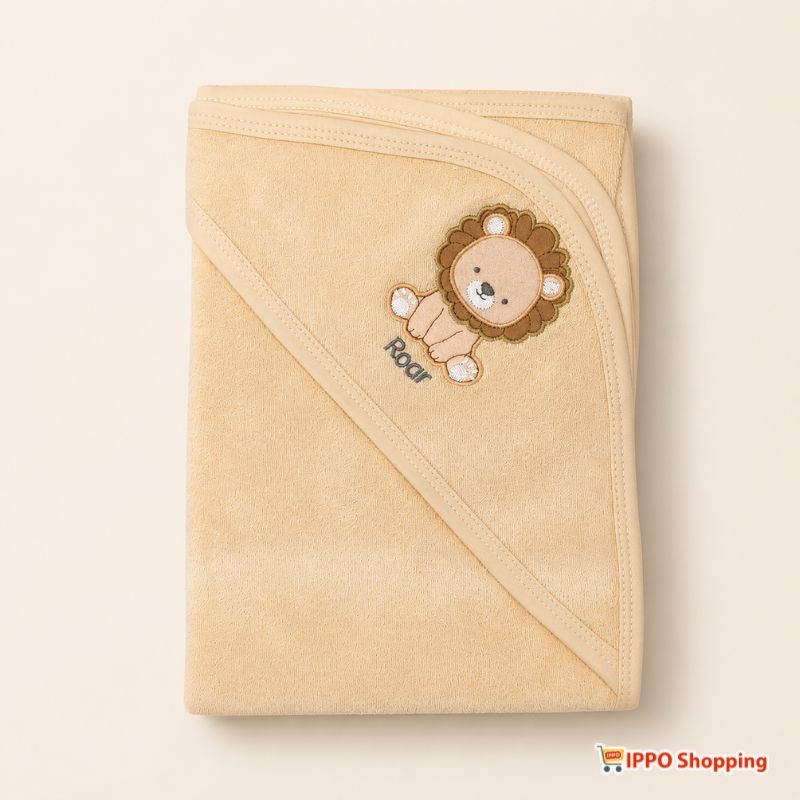 Beige Baby Hooded Bath Towel with Cute Lion Embroidery