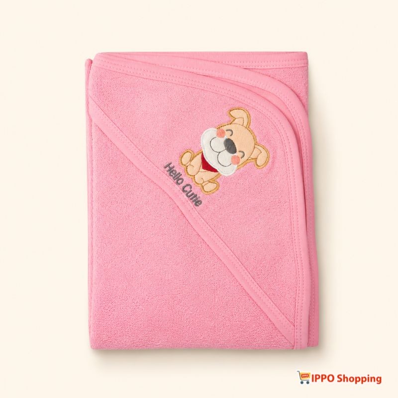 Pink Baby Hooded Bath Towel with Cute Puppy Embroidery