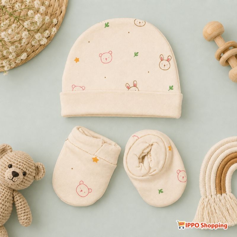 Baby Cap Mittens Booties Set - Soft Cotton Newborn Accessories Set (Cream)
