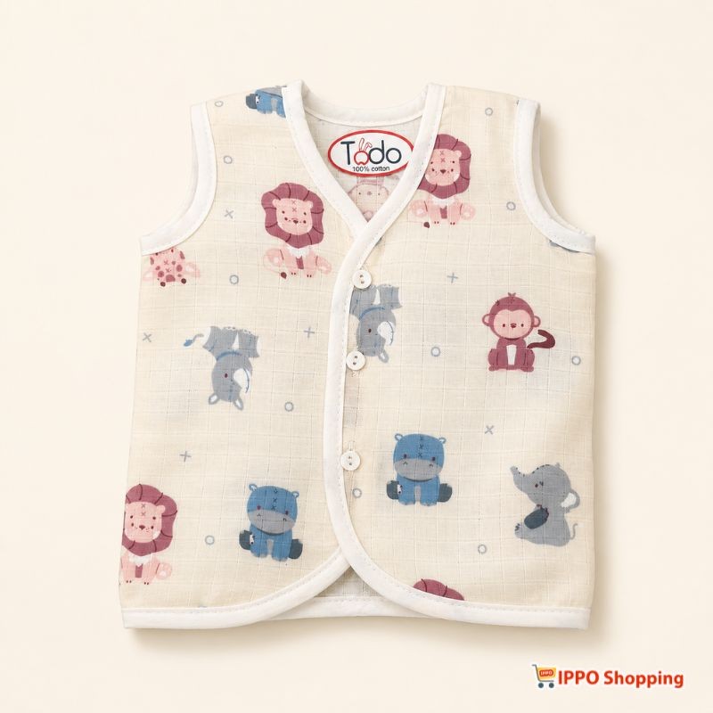 Todo 100% Cotton Baby Sleeveless Front-Open Jabla – Animal Print (0–3 Months)