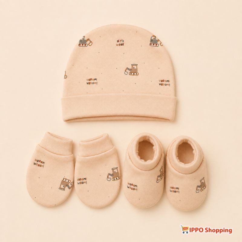 Baby Cap Mittens Booties Set - Soft Cotton Newborn Accessories Set (Peach)