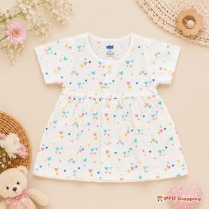 Baby Girls Multicolor Heart Print Cotton Dress – White