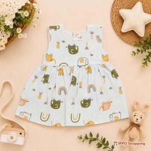 Baby Girls Printed Sleeveless Frock Dress – Elephant & Rainbow Pattern
