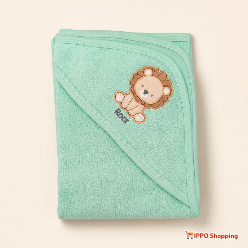 Mint Green Baby Hooded Towel with Lion Embroidery