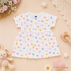 Baby Girls Cute Cat Print Cotton Dress – White & Multicolor