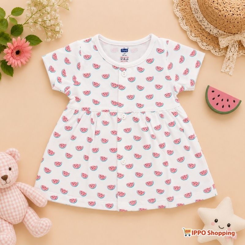 Baby Girls Watermelon Print Cotton Dress – White & Pink